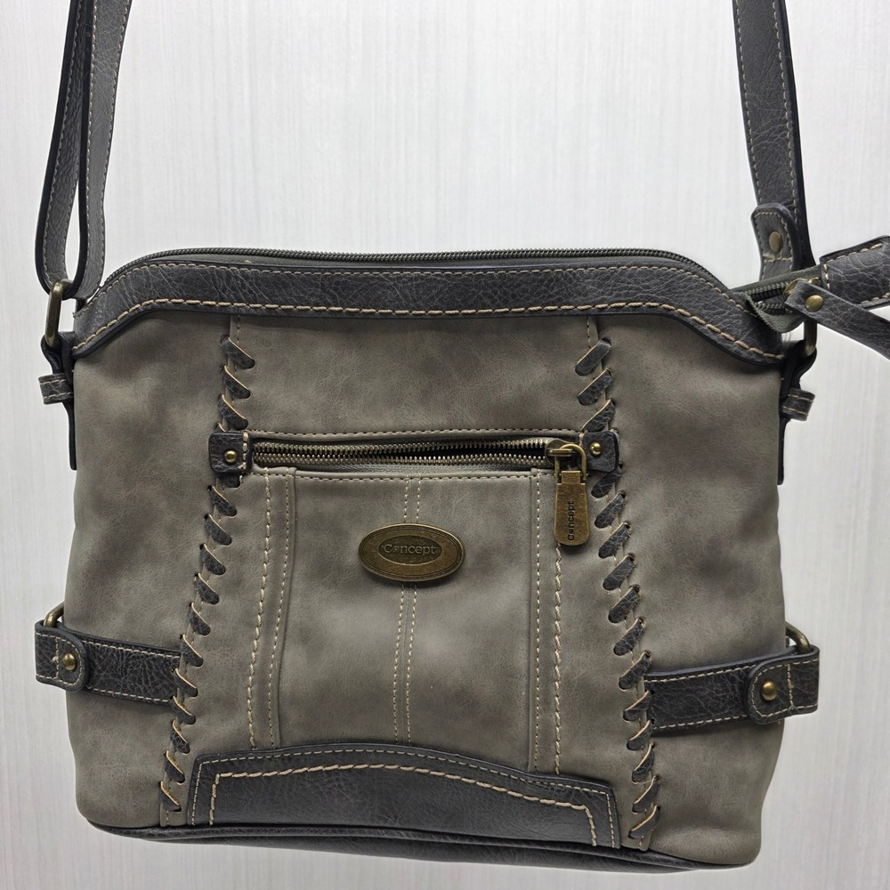 Concept Handbag Shoulder Bag Crossbody‎ Purse Gray Faux Leather Multi Pocket